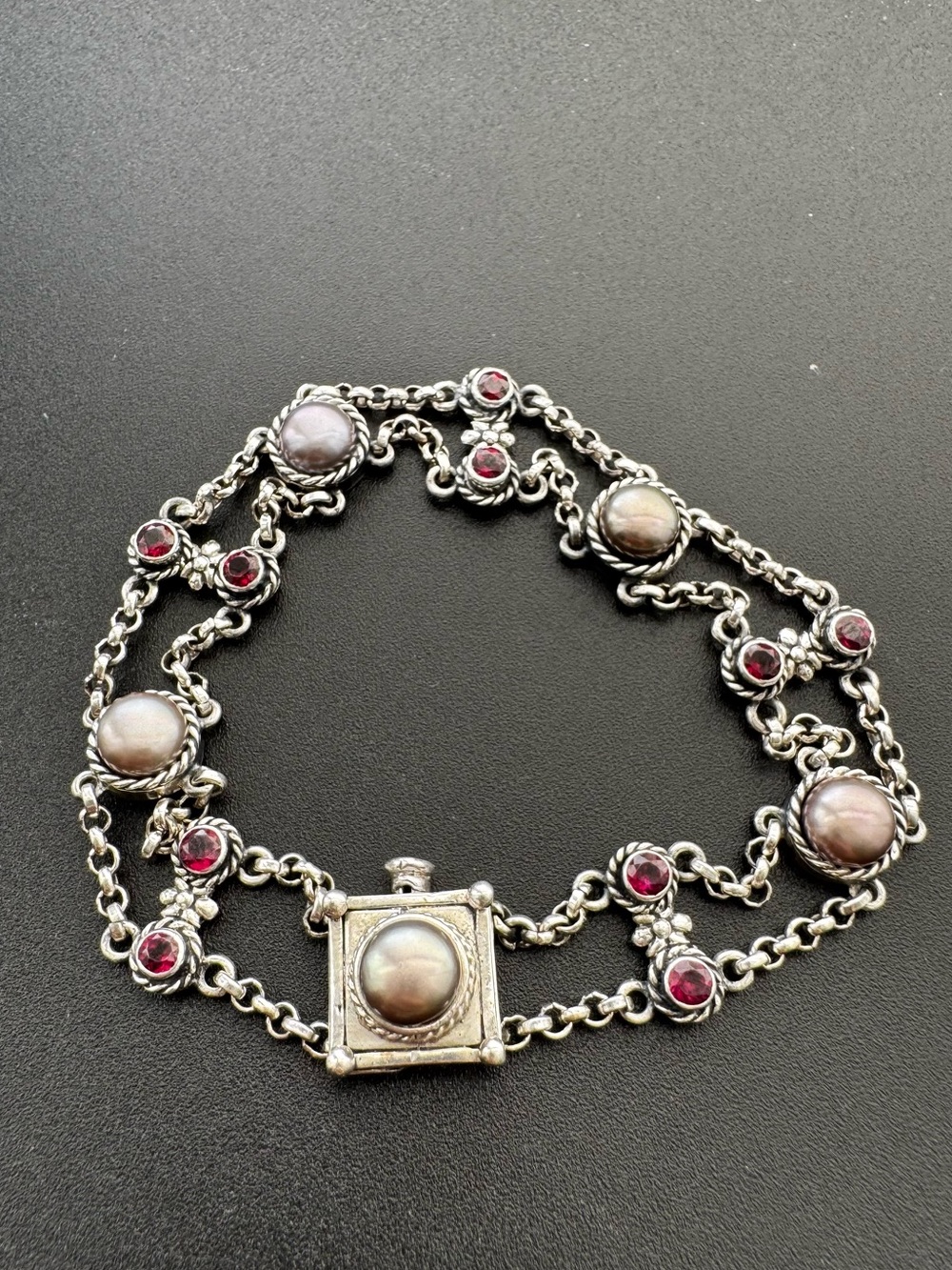 Vintage Anatoli 925 Sterling Silver Multi Strand Pearl Garnet Bracelet Ornate